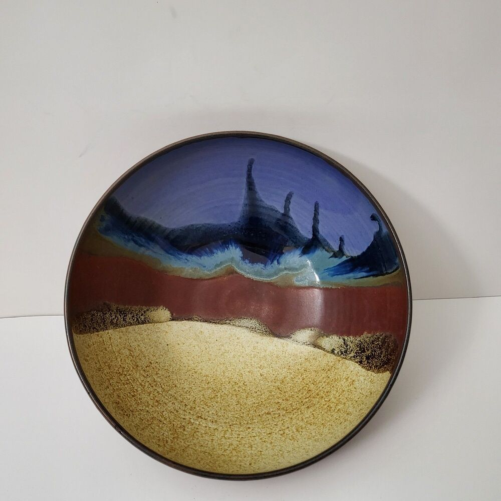 Vintage ADAMS Pottery Signed Wave Hand Painted Round Bowl 8.5" Diameter
